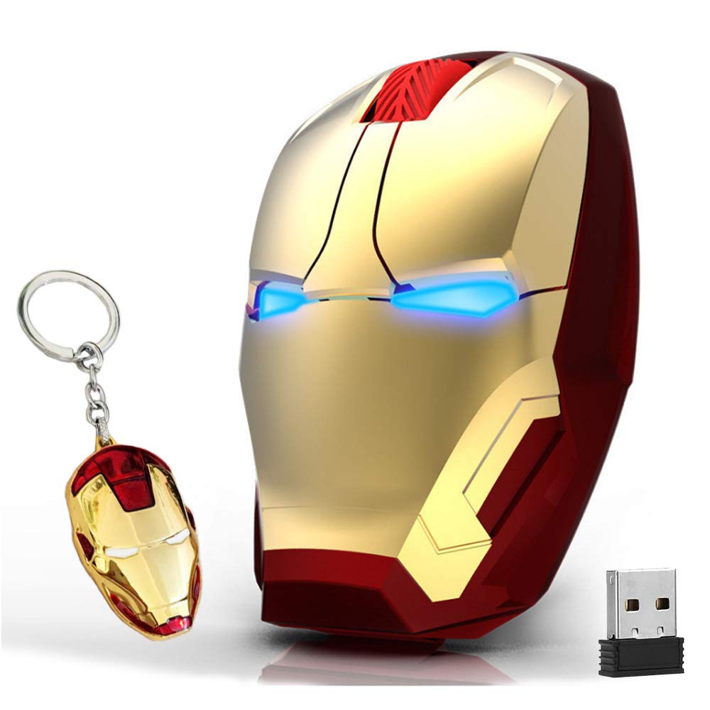 Ergonomic Wireless Mouse Cool Iron Man Mouse 2.4G Portable Mobile Computer Click Silent Mouse Optical Mice with USB Receiver, Black or Golden for Notebook PC Laptop Computer Mac Book, Add a Keychain