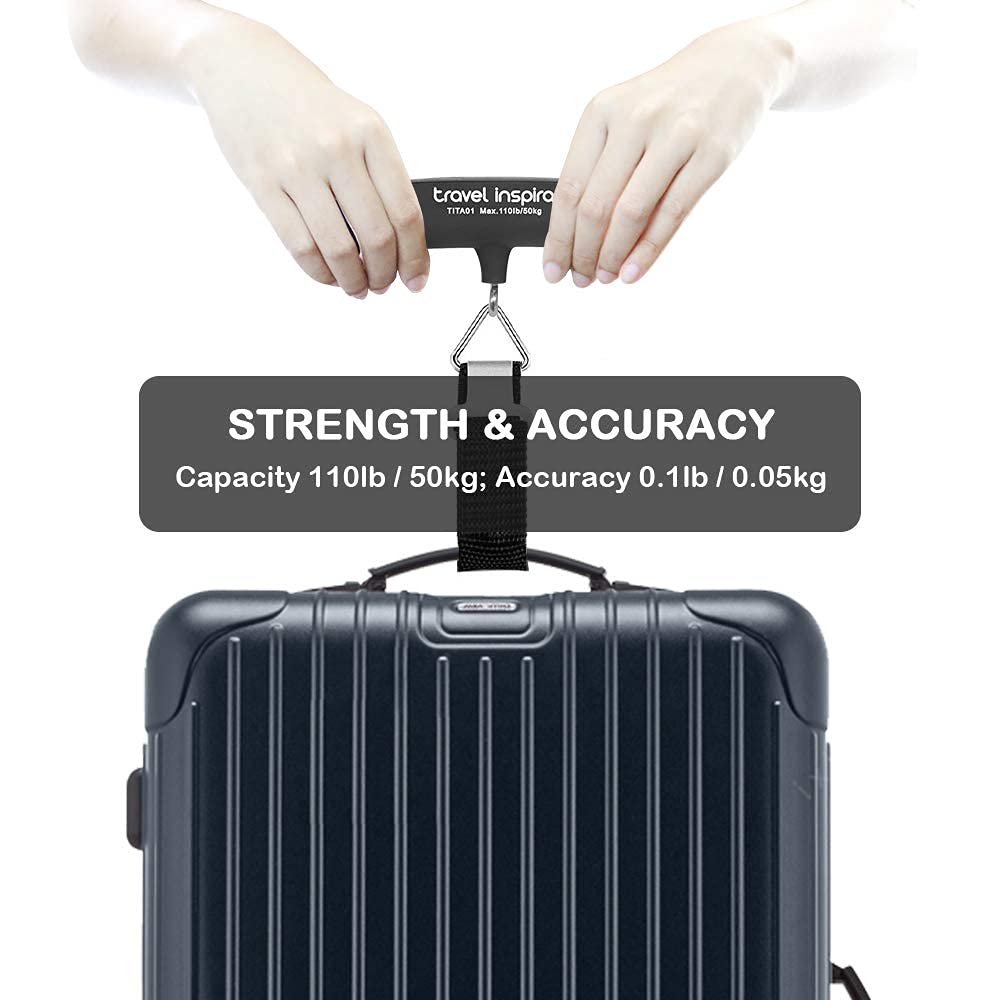 travel inspira Luggage Scale, Portable Digital Hanging Baggage Scale for Travel, Suitcase Weight Scale with Rubber Paint, 110 Pounds, Battery Included - Black