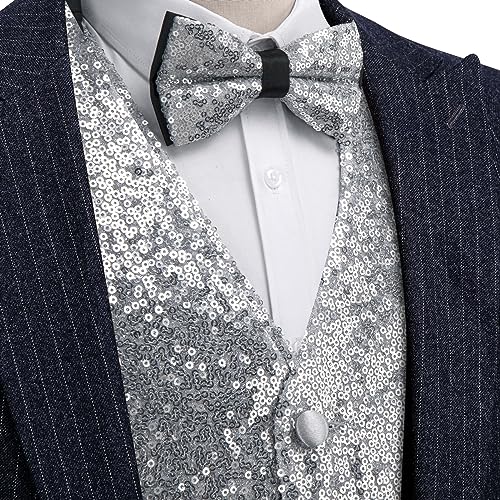 Barry.Wang Mens Black Vest V-neck Silm Fit Suit Waistcoat Bowtie Set Party Prom Tuxedo