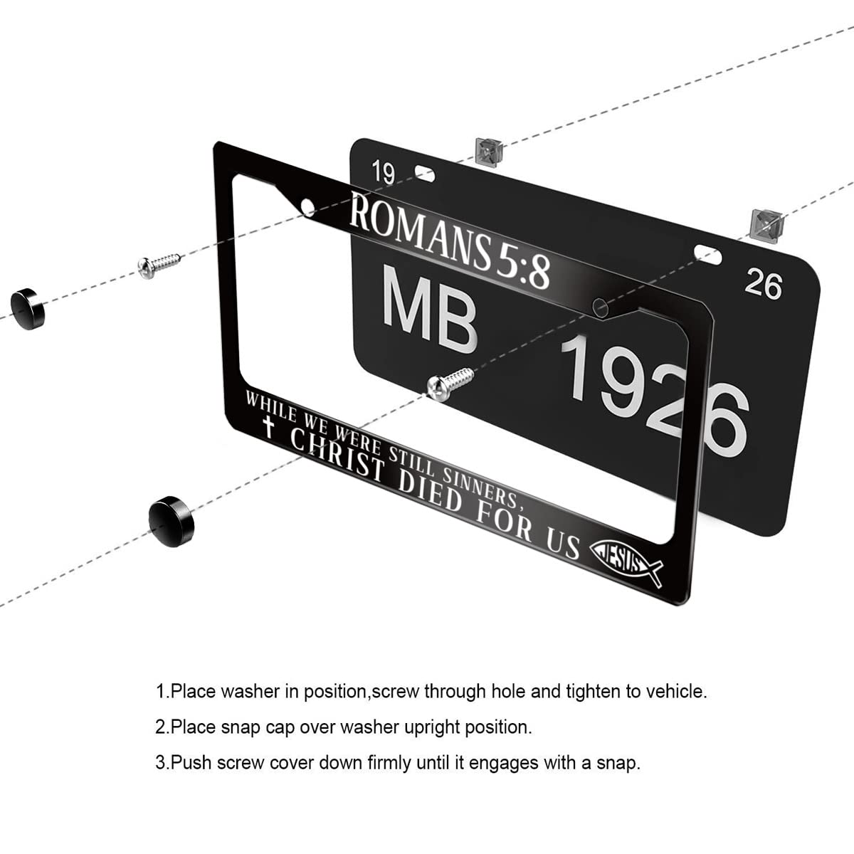 Jesus Bible Verses Romans 5:8 License Plate Frame Christian Stainless Steel Car Accessories Personalized License Plate Holder Fits Standard U.S. Vehicles Size: 12.2 x 6 Inches for Men Women