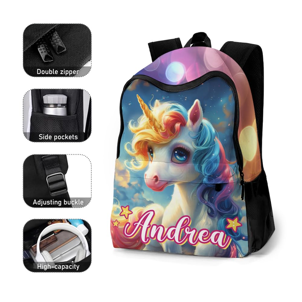 COLORSFORU Personalized Toddler Backpack for Girls with Rainbow Galaxy Unicorn Pattern, Custom Kid's Name School Backpack with Lunch Bag Box for Daughter, Unique Customized Travel School Bag Gifts