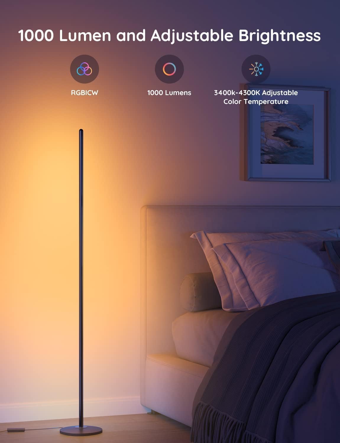 Govee RGBIC Floor Lamp, LED Corner Lamp Works with Alexa, 1000 Lumen Smart Modern Floor Lamp with Music Sync and 16 Million DIY Colors, Color Changing Standing Floor Lamp for Bedroom Living Room Black