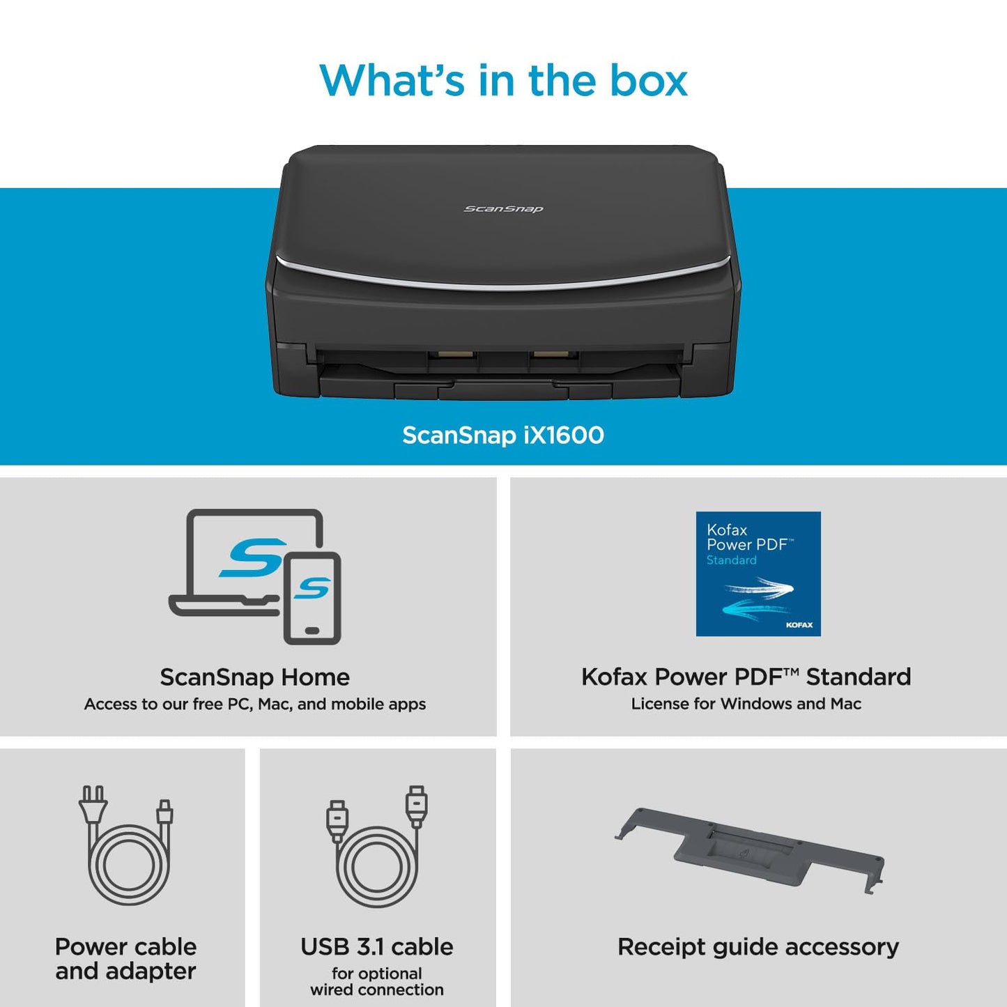 ScanSnap iX1600 Wireless or USB High-Speed Cloud Enabled Document, Photo & Receipt Scanner with Large Touchscreen and Auto Document Feeder for Mac or PC, 17 watts, Black