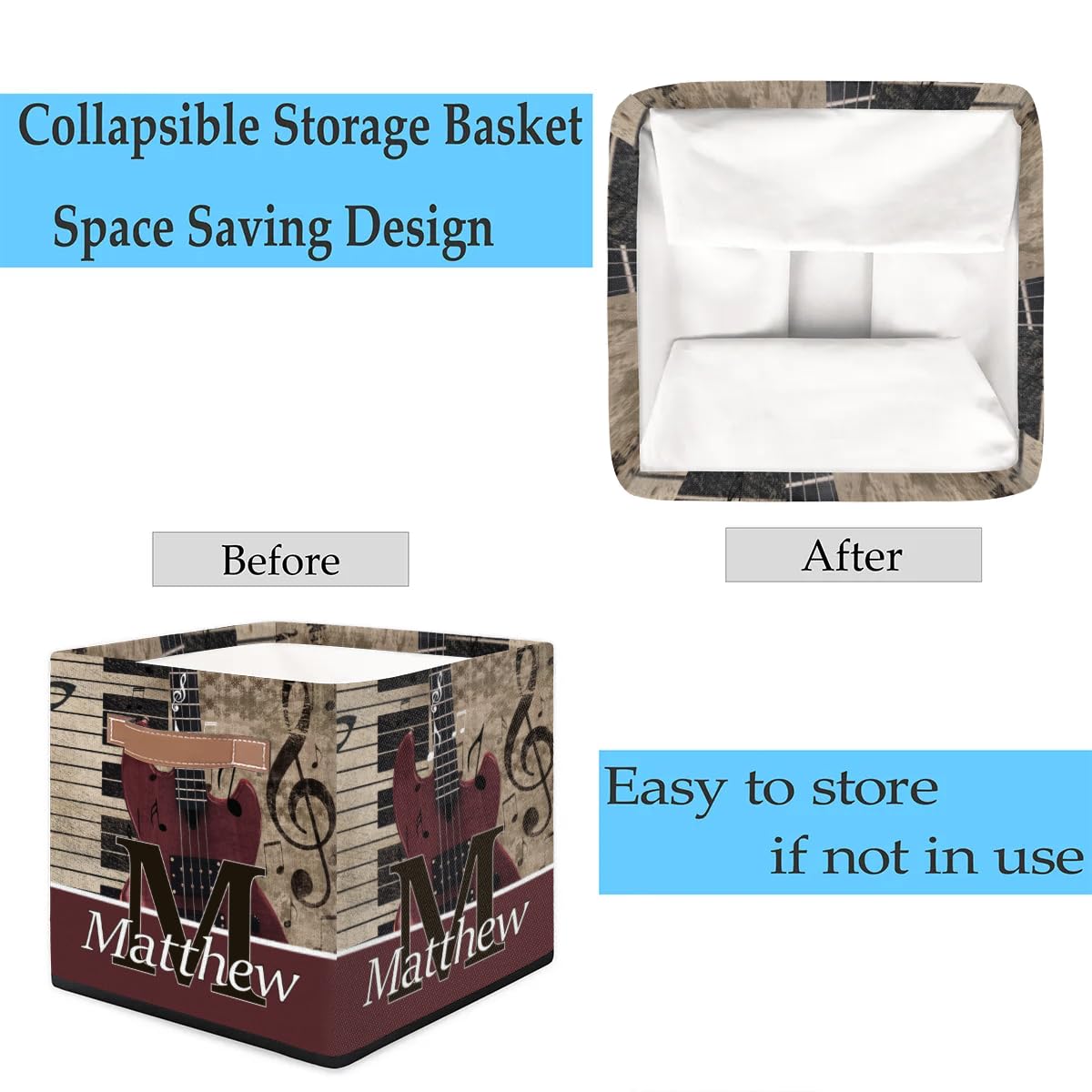 Retro Music Guitar Personalized Names Storage Bins Baskets for Organizing Custom Storage Baskets Collapsible with Handles for Clothes, Toys, Blanket, Towel,Pet Stuff