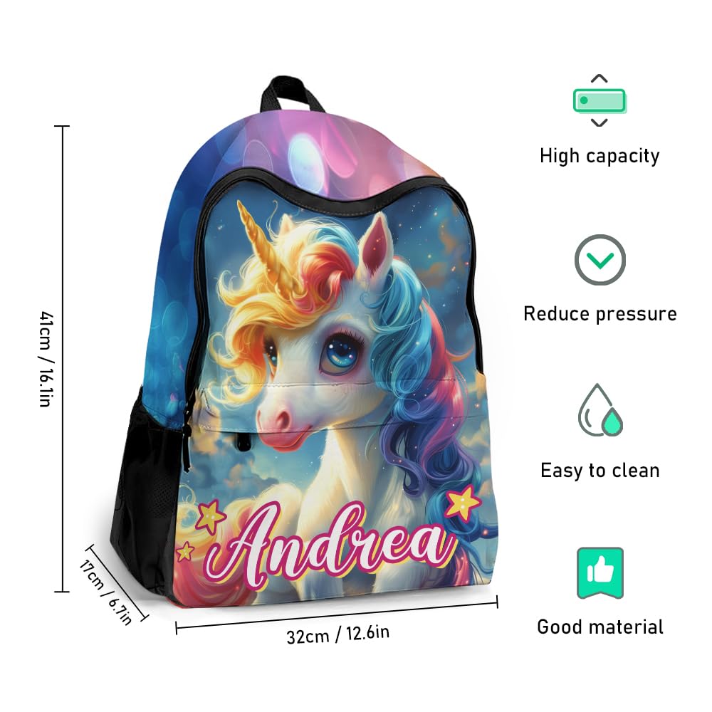 COLORSFORU Personalized Toddler Backpack for Girls with Rainbow Galaxy Unicorn Pattern, Custom Kid's Name School Backpack with Lunch Bag Box for Daughter, Unique Customized Travel School Bag Gifts