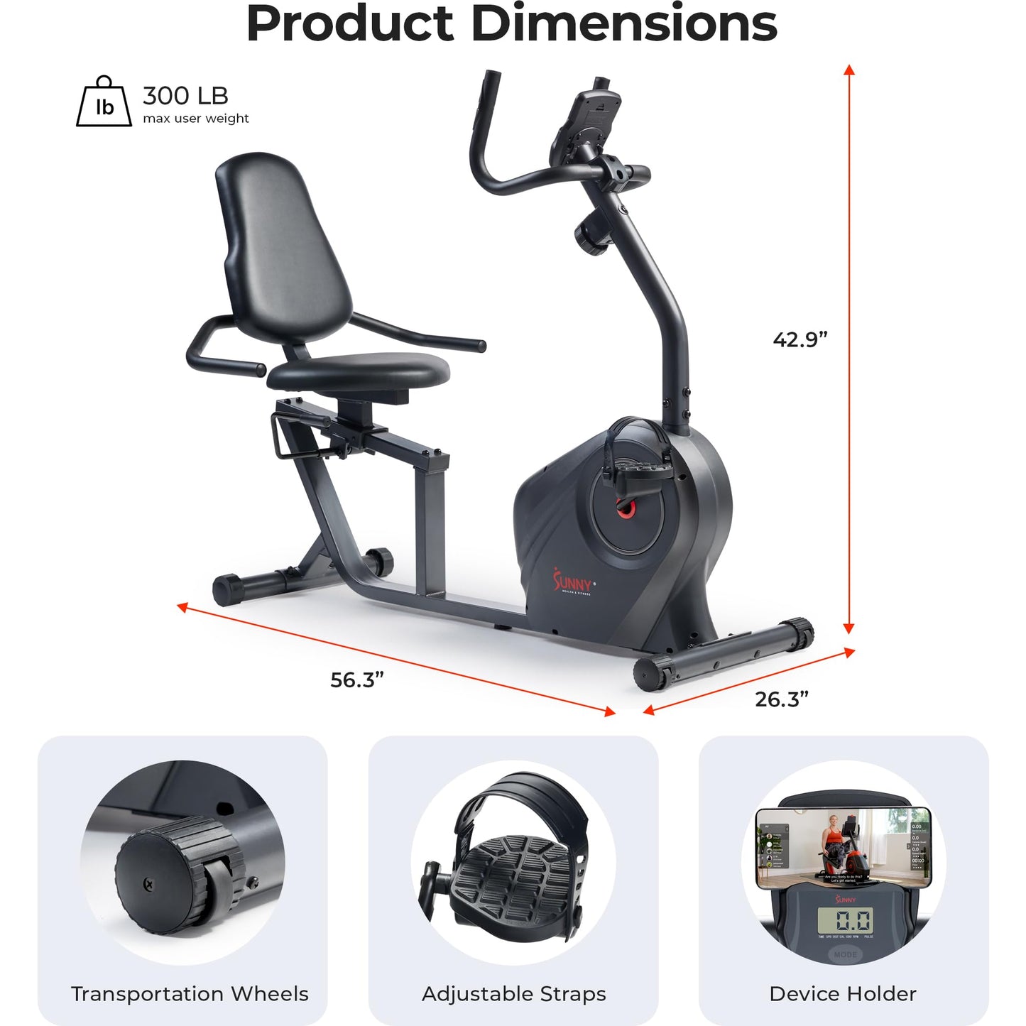 Sunny Health & Fitness Heavy-Duty Recumbent Smart Bike, Wide Cushioned Seat & Back, Cycling Workout Machine, Bicycle Exercise for Adult/Seniors at home, Exclusive Free SunnyFit App Bluetooth Link