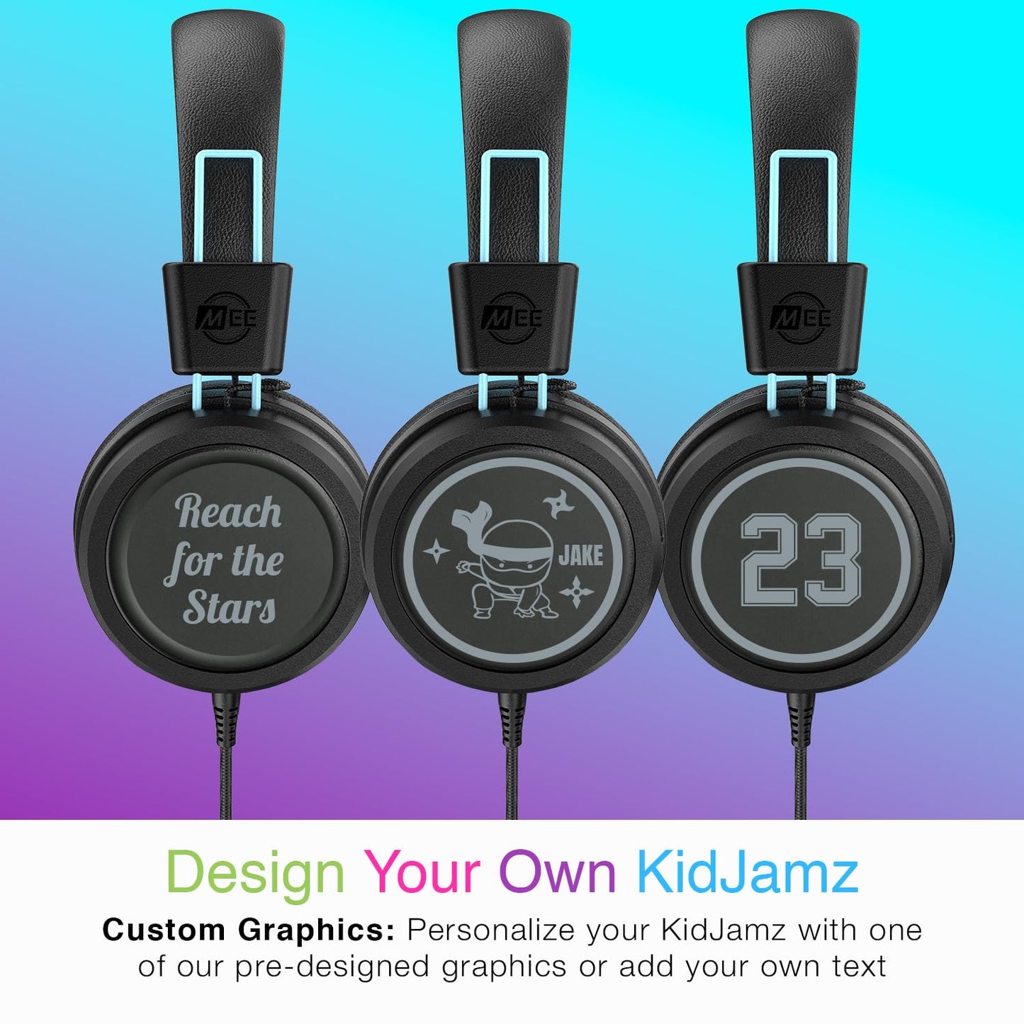 MEE audio KidJamz KJ55 Personalized USB-C Safe Listening Wired Headphones for Kids with Custom LED-Backlit Design, Volume Limiter, & Microphone for iPhone 15, iPad, & USB Type C Devices (Black)