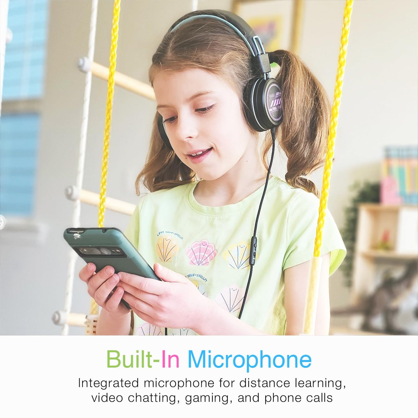 MEE audio KidJamz KJ55 Personalized USB-C Safe Listening Wired Headphones for Kids with Custom LED-Backlit Design, Volume Limiter, & Microphone for iPhone 15, iPad, & USB Type C Devices (Black)