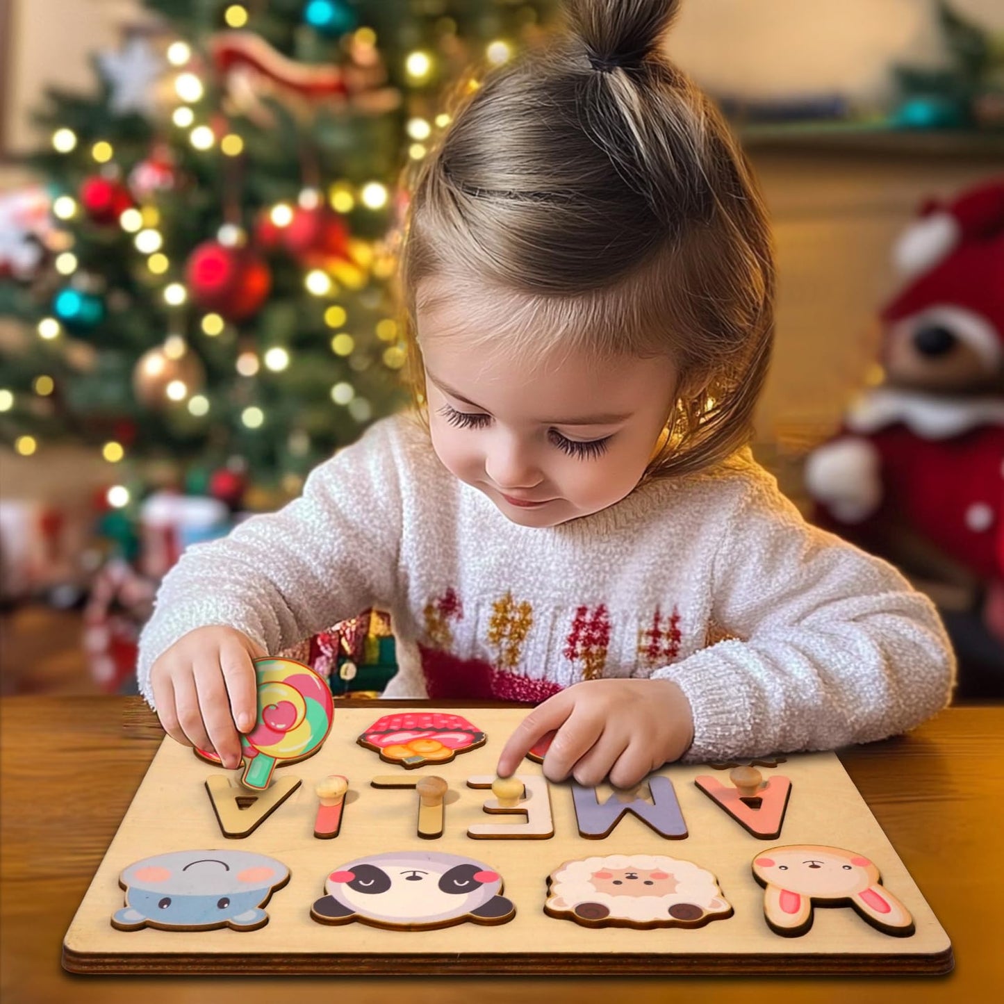 Purefly Personalized Name Puzzle for Kids Engraved Text Greetings on Back Custom Wooden Name Signs with Pegs for Baby Boy & Girl 1 Year Old Nursery Gifts Montessori Toys Toddler Puzzles for Newborn