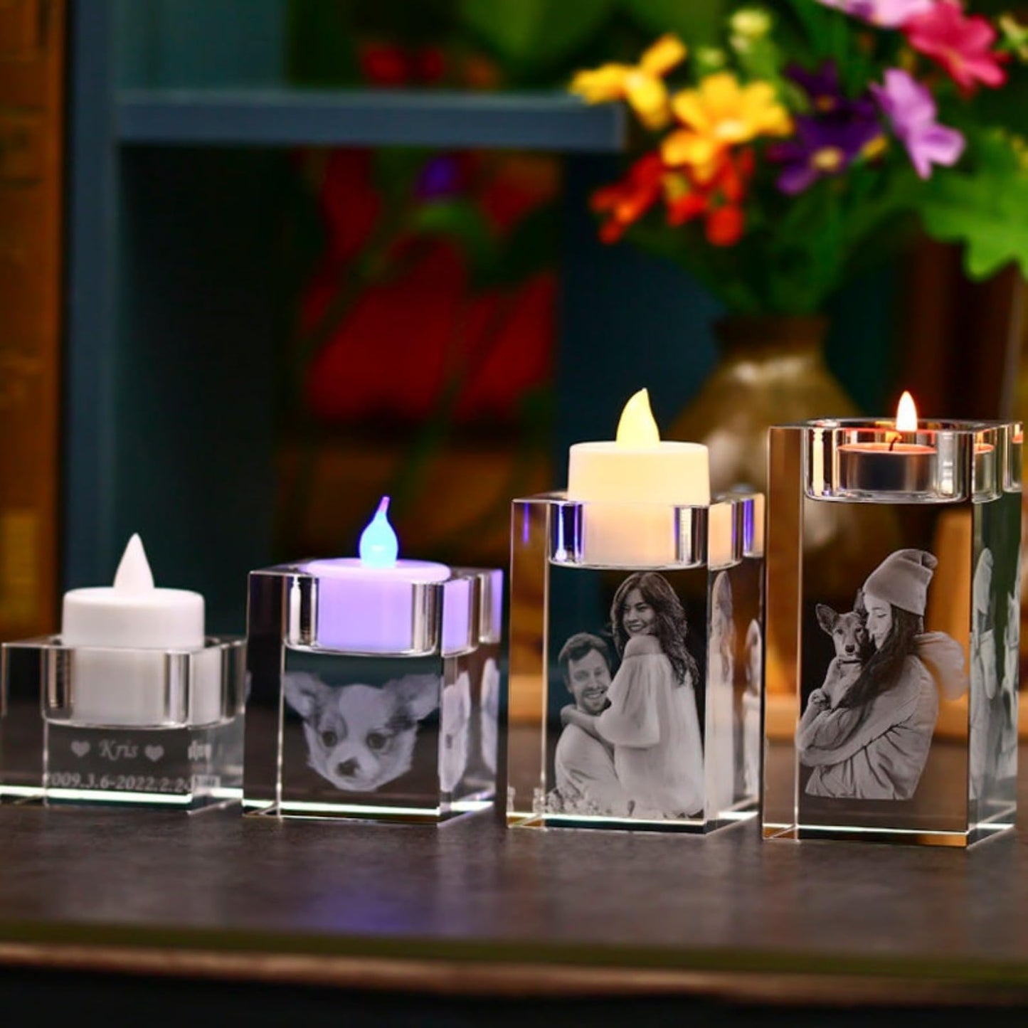 Custom Personalized 3D Laser Engraved Photo Picture K9 Crystal Candle Holder Stand Personalized Photo Engraved Crystal Candelabra (5x5x8cm)