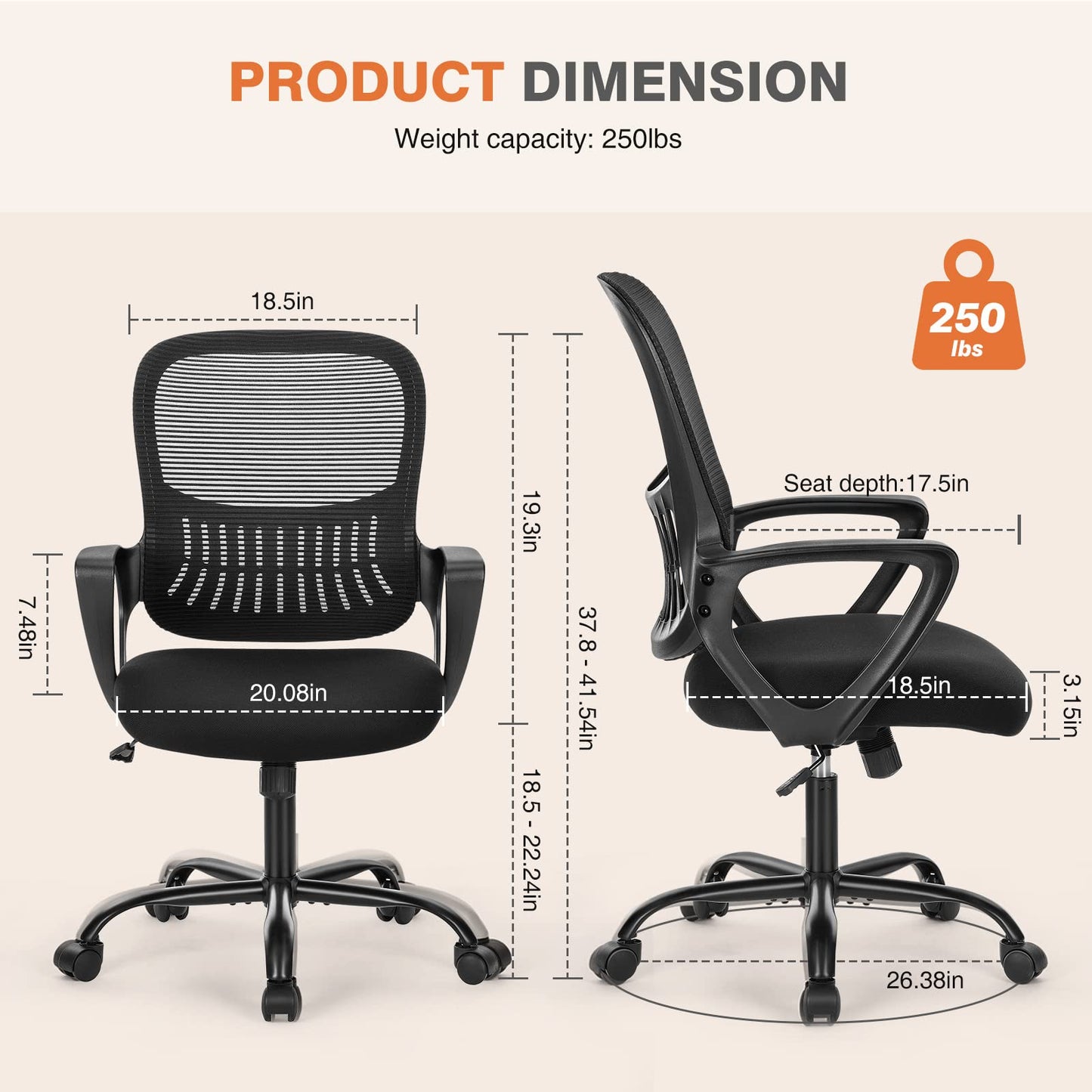 Sweetcrispy Office Computer Desk Managerial Executive Chair, Ergonomic Mid-Back Mesh Swivel Rolling Work with Wheels, Comfortable Lumbar Support, Comfy Arms for Home,Bedroom,Study,Student,Black