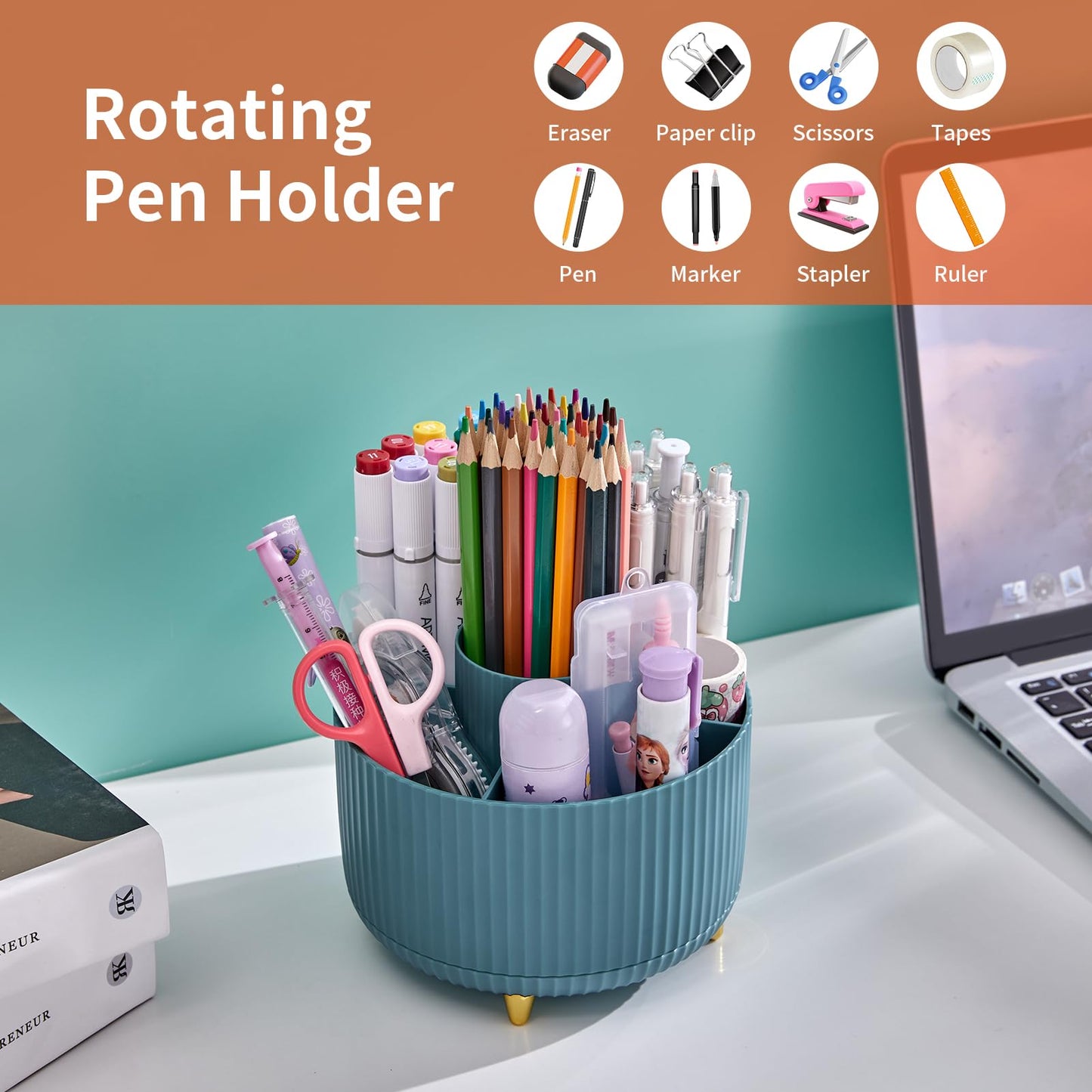 Marbrasse Desk Organizer, 360-Degree Rotating Pen Holder for Desk, Desk Organizers and Accessories with 5 Compartments Pencil Organizer, Art Supply Storage Box Caddy for Office, Home (Dark Green)