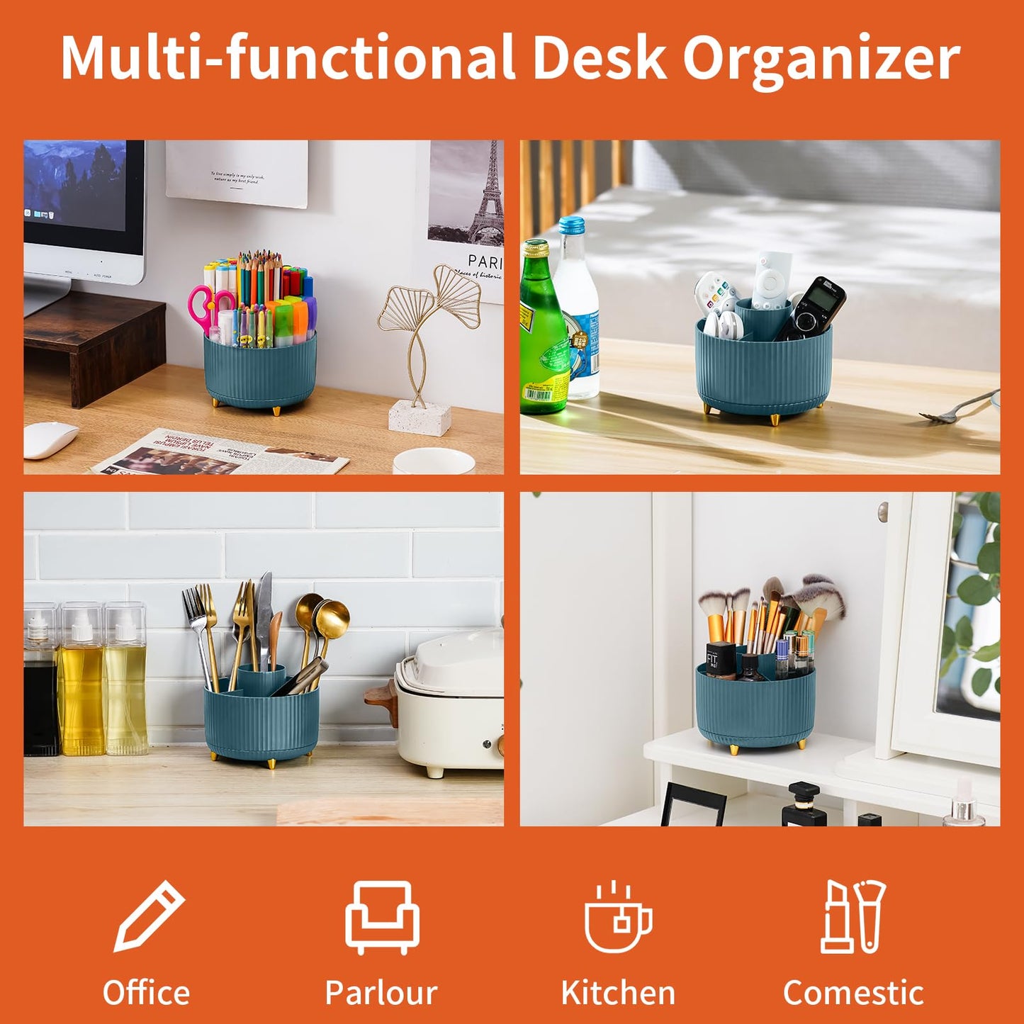 Marbrasse Desk Organizer, 360-Degree Rotating Pen Holder for Desk, Desk Organizers and Accessories with 5 Compartments Pencil Organizer, Art Supply Storage Box Caddy for Office, Home (Dark Green)