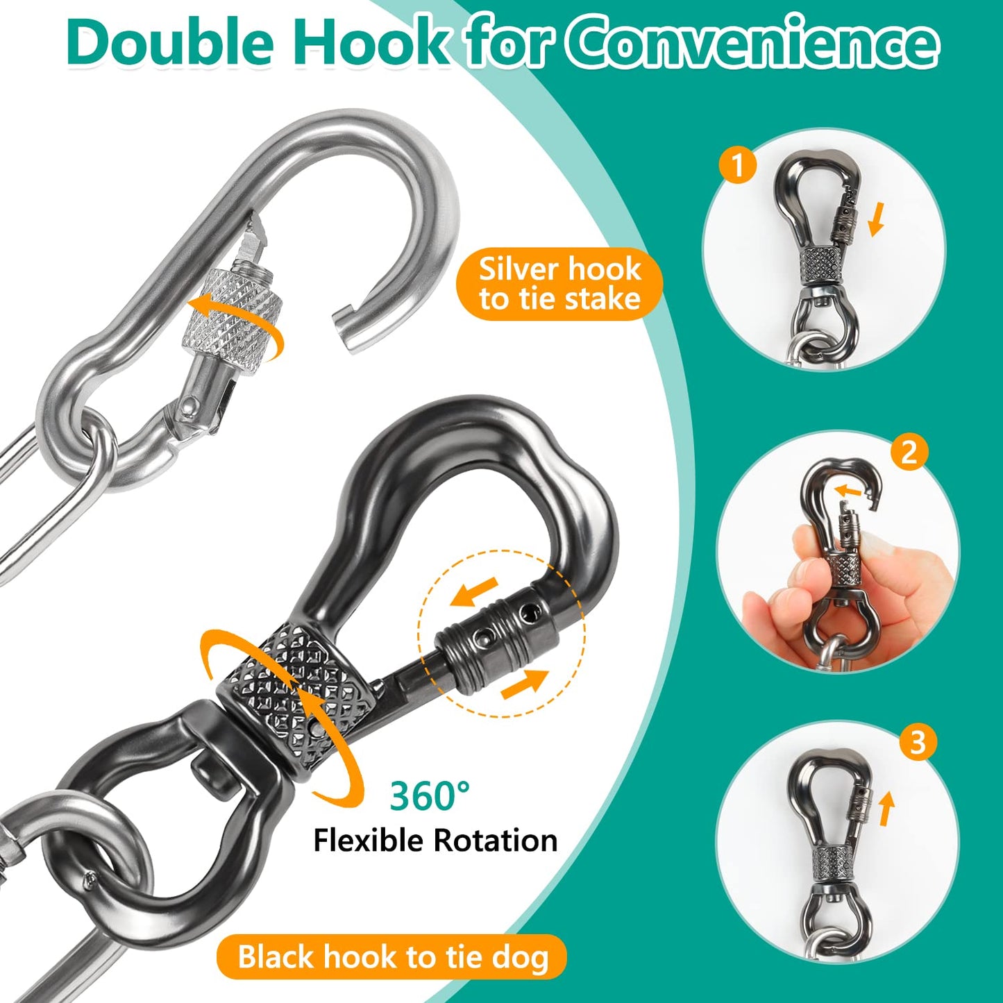 Tresbro Heavy Duty Dog Chains for Outside, 15FT Stainless Steel Tie Out Cable with Swivel Hook for Small Medium Dogs, Metal Chew Proof Pet Runner Chain Leash Lead for Outdoor Camping Hiking Yard, 3MM