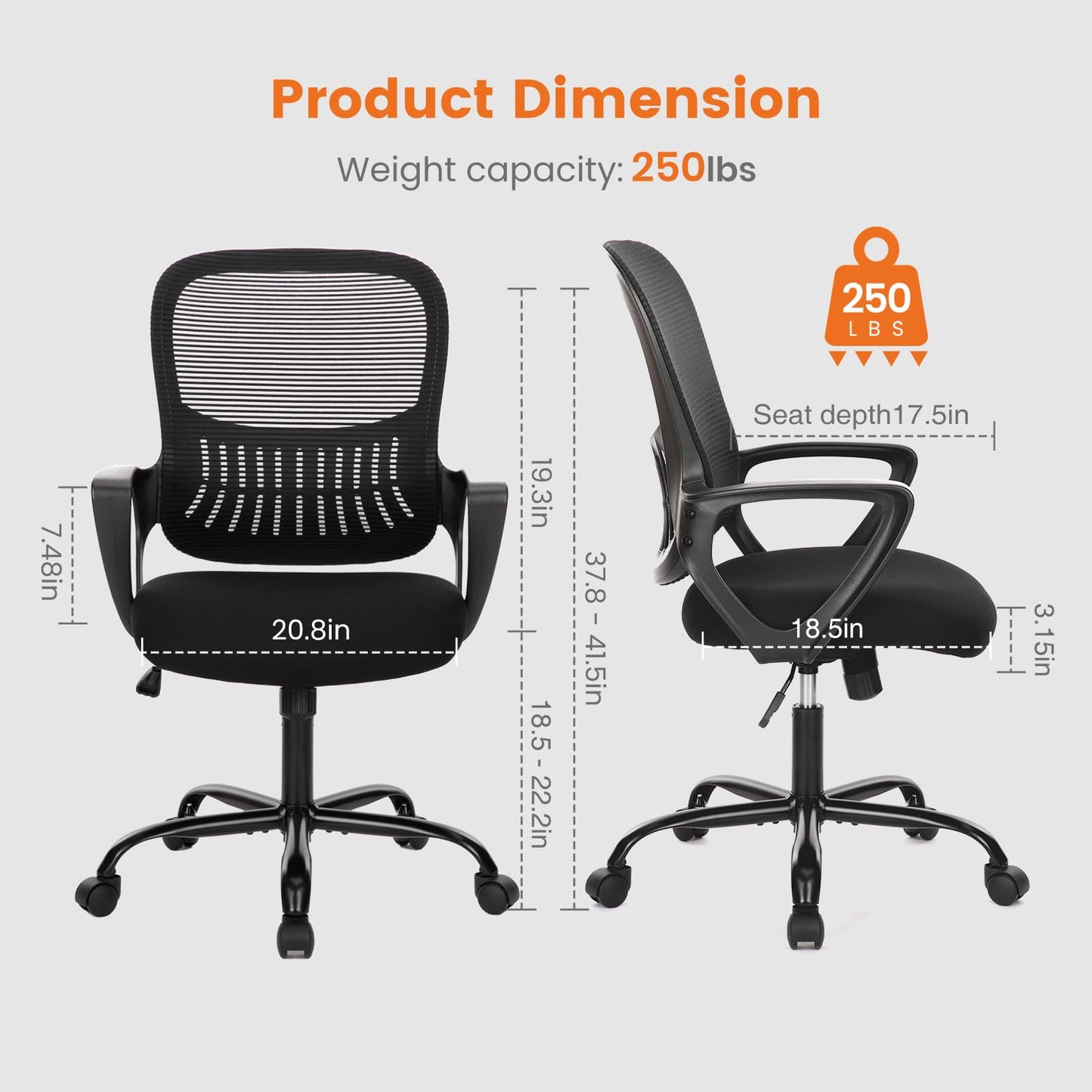 Sweetcrispy Office Computer Desk Managerial Executive Chair, Ergonomic Mid-Back Mesh Swivel Rolling Work with Wheels, Comfortable Lumbar Support, Comfy Arms for Home,Bedroom,Study,Student,Black