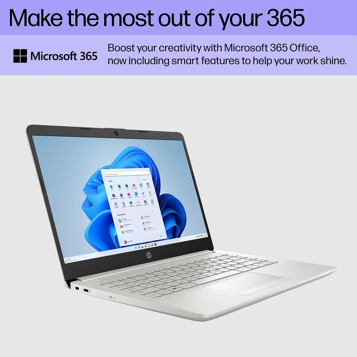 HP Portable Laptop, Student and Business, 14" HD Display, Intel Quad-Core N4120, 8GB DDR4 RAM, 64GB eMMC, 1 Year Office 365, Webcam, RJ-45, HDMI, Wi-Fi, Windows 11 Home, Silver