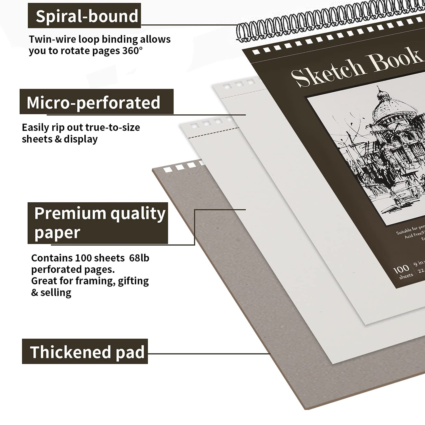 Fuxi 9" x 12" Sketch Book, Top Spiral Bound Sketch Pad, 1 Pack 100 Sheets 68lb/100gsm, Acid Free Art Sketchbook Artistic Drawing Painting Writing Paper for Kids Adults Beginners Artists