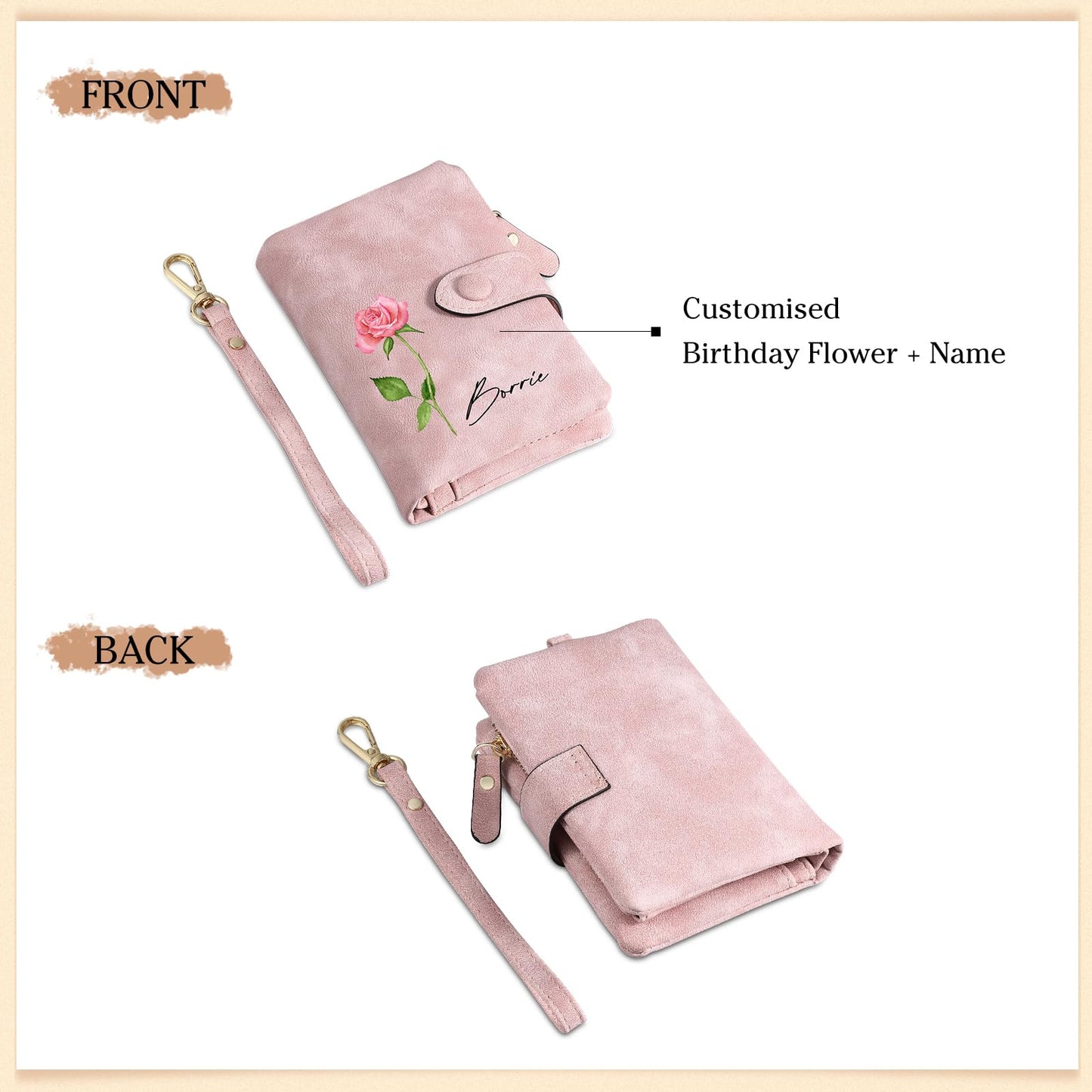 Aiemghsde Personalized Custom Wallet with Birth Flower & Name for Women Mom Credit Card Wallet With Wrist Strap Birthday Gifts for Mothers Day (Pink)