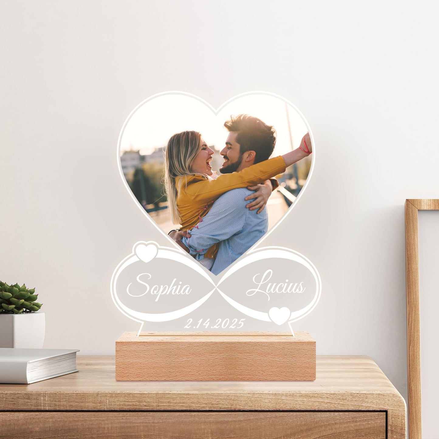Custom Picture Frames with Photo, Personalized Photo Frame with Night Light, Customized Heart Picture Frame, Personalized Anniversary Valentines Day Gifts for Women Men Her Him Girlfriend Boyfriend