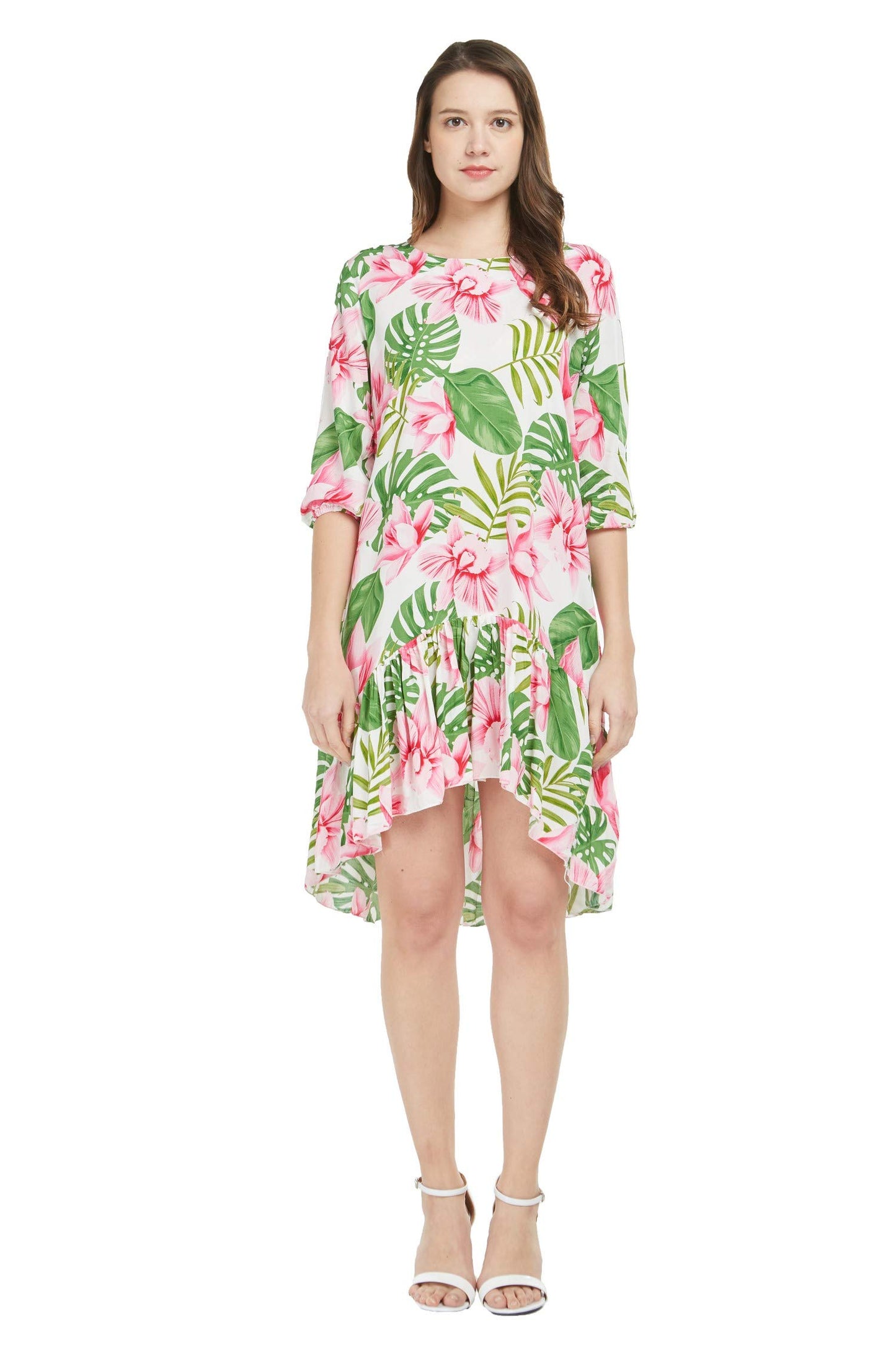 Matchable Family Hawaiian Luau 3/4 Sleeve Dress, Lotus and Orchid, Women, Small