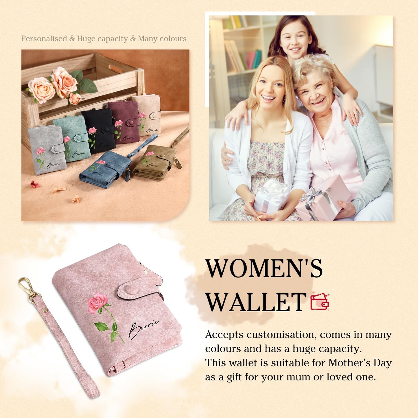 Aiemghsde Personalized Custom Wallet with Birth Flower & Name for Women Mom Credit Card Wallet With Wrist Strap Birthday Gifts for Mothers Day (Pink)