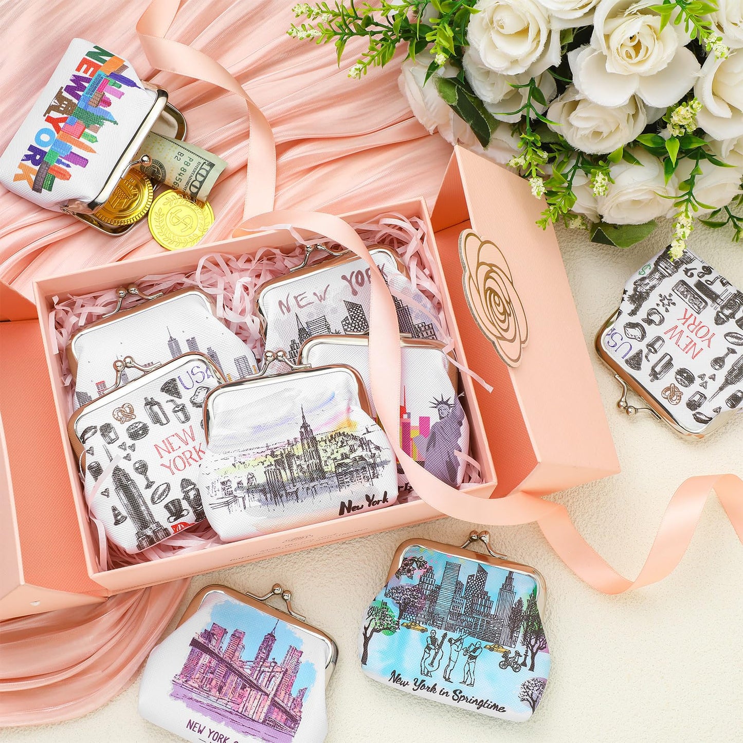 Yeyeplum 9 Pcs New York Souvenir Coin Purse for Girls Women Souvenir Change Wallet Gifts City Travel Vintage Kiss Lock Change Purses Bulk for Ladies Women Mother Teacher