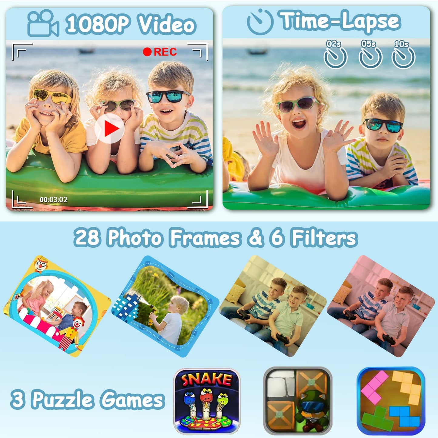 DEKER Kids Waterproof Camera for Boys, Christmas Birthday Gifts for Toys 3-12 Year Old, Mini Children Underwater Digital Action Camcorder (Light Blue)