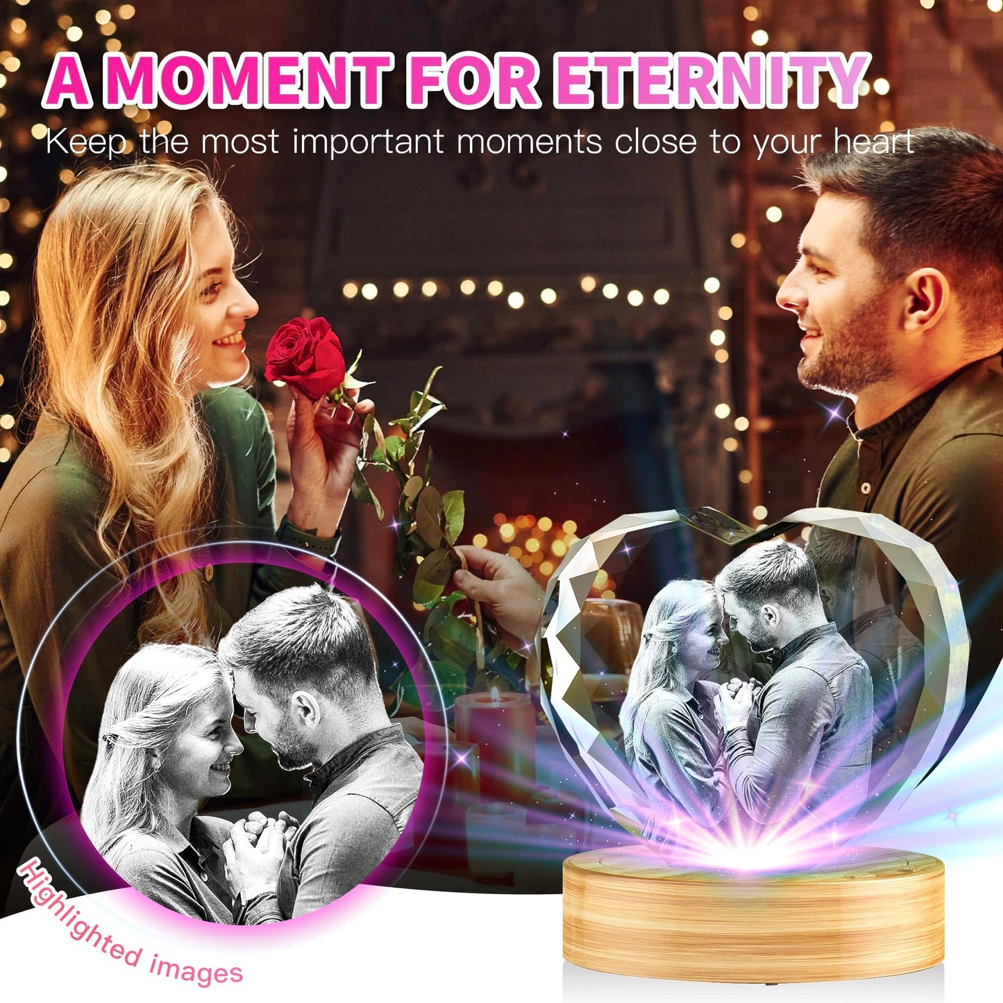 3D Crystal Photo, Great Christmas Personalized Gifts for Women, Wife, Her, Him, Mom, Dad, Men, Husband, 3D Laser Etched Glass Picture, Customized Xmas Anniversary Couple Birthday and Pet Gifts