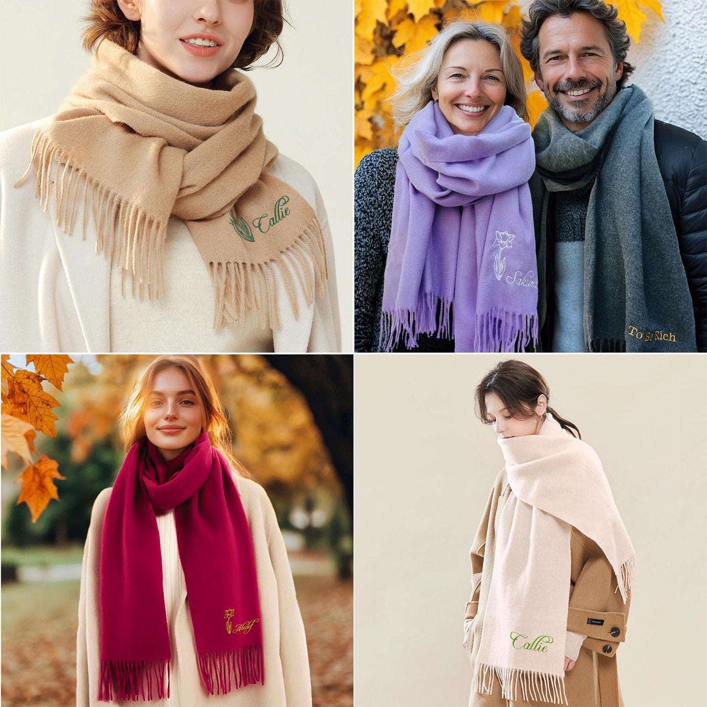 callie Personalized Winter Scarf for Men/Women with Custom Embroidered Birth Flower and Name, Soft Warm Scarf, 8 Colors for Choose, Birthday Gifts Christmas Gifts