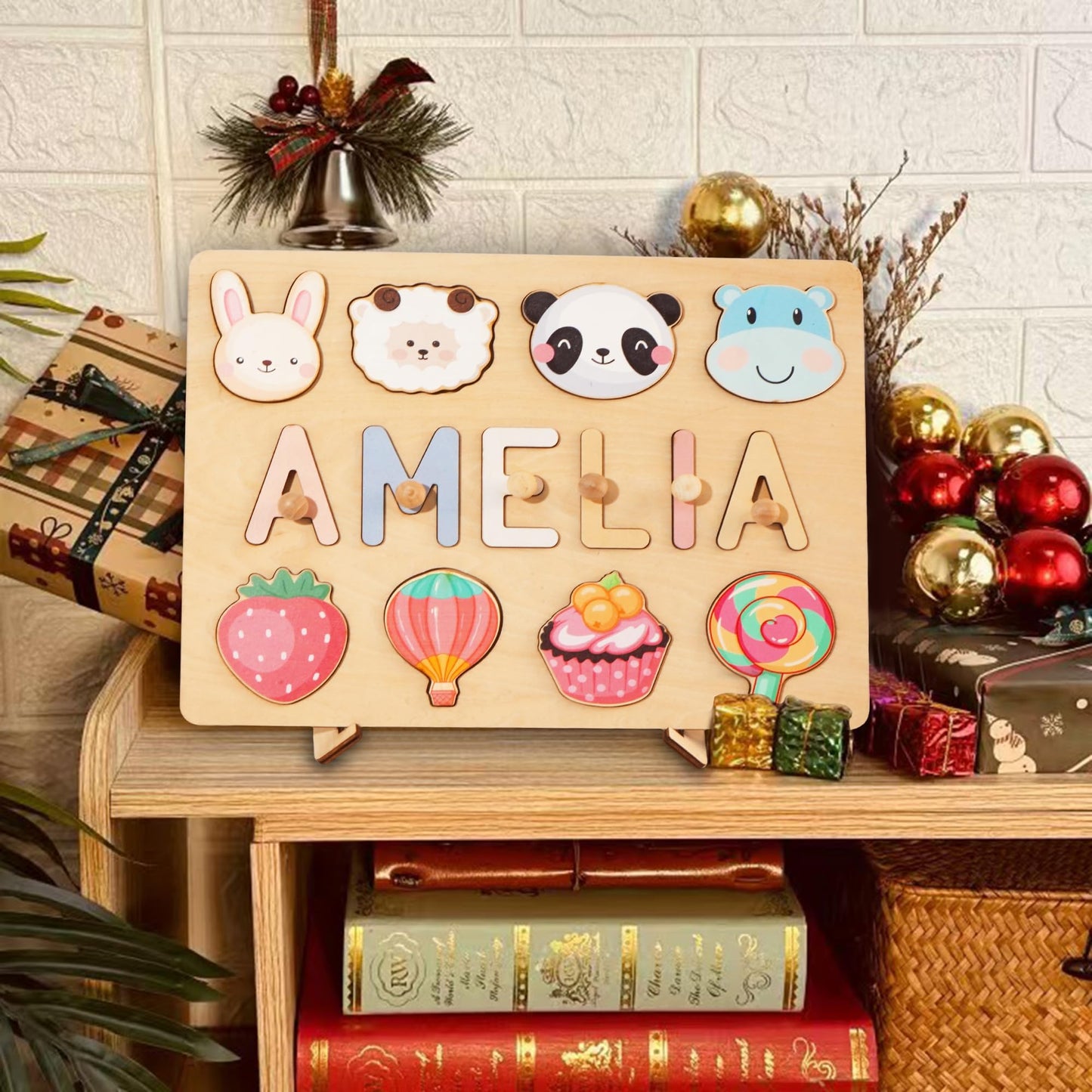Purefly Personalized Name Puzzle for Kids Engraved Text Greetings on Back Custom Wooden Name Signs with Pegs for Baby Boy & Girl 1 Year Old Nursery Gifts Montessori Toys Toddler Puzzles for Newborn
