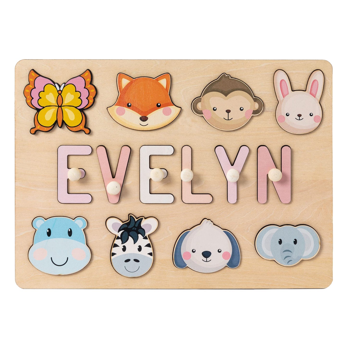 Purefly Personalized Name Puzzle for Kids Engraved Text Greetings on Back Custom Wooden Name Signs with Pegs for Baby Boy & Girl 1 Year Old Nursery Gifts Montessori Toys Toddler Puzzles for Newborn