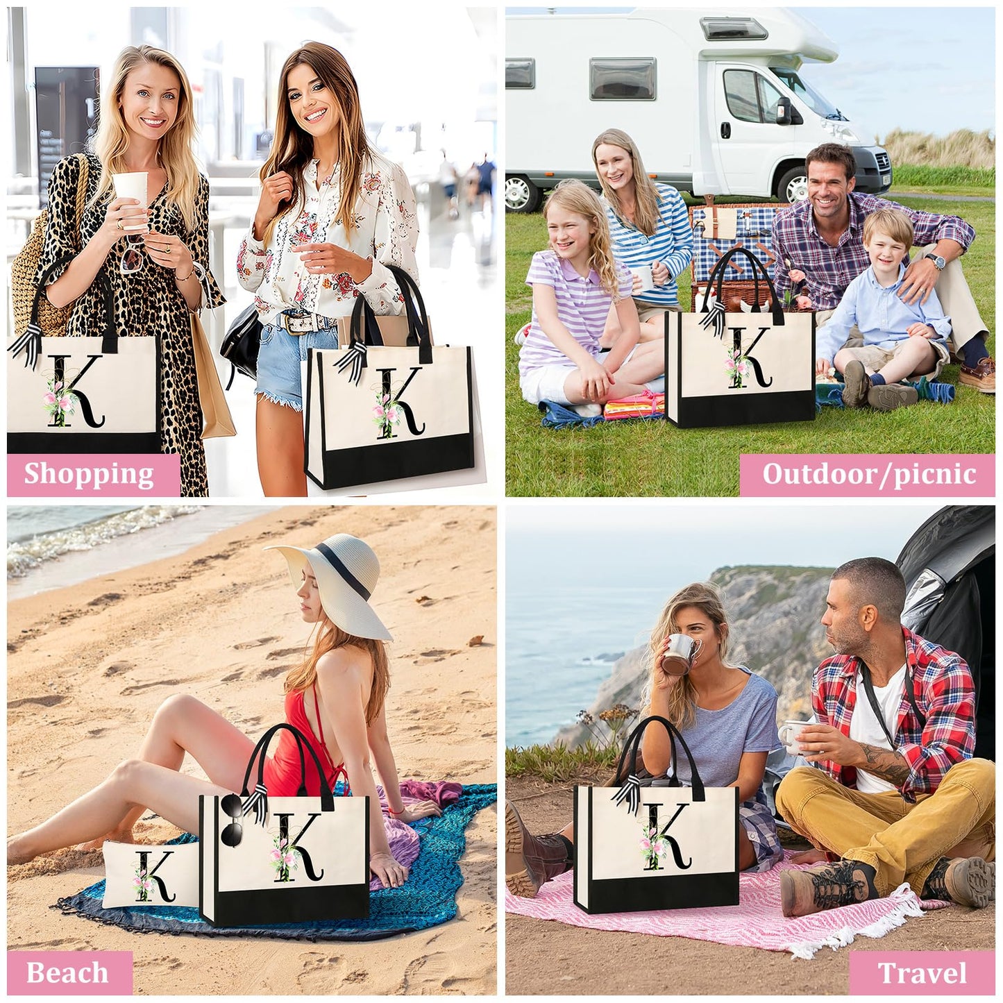 AYGE Personalized Initial Canvas Beach Bag Cosmetic Bags, Monogrammed Gifts for Women, Tote Bag, Makeup Bag, Birthday Gifts for Sister Mom Teacher Bridesmaid (K)
