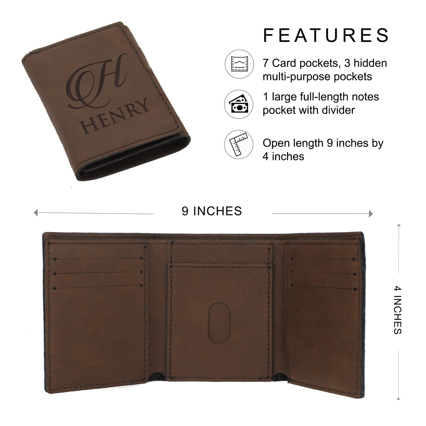 The Wedding Party Store Custom Personalized Trifold Wallet for Men, Him, Husband, Groomsmen (Brown)
