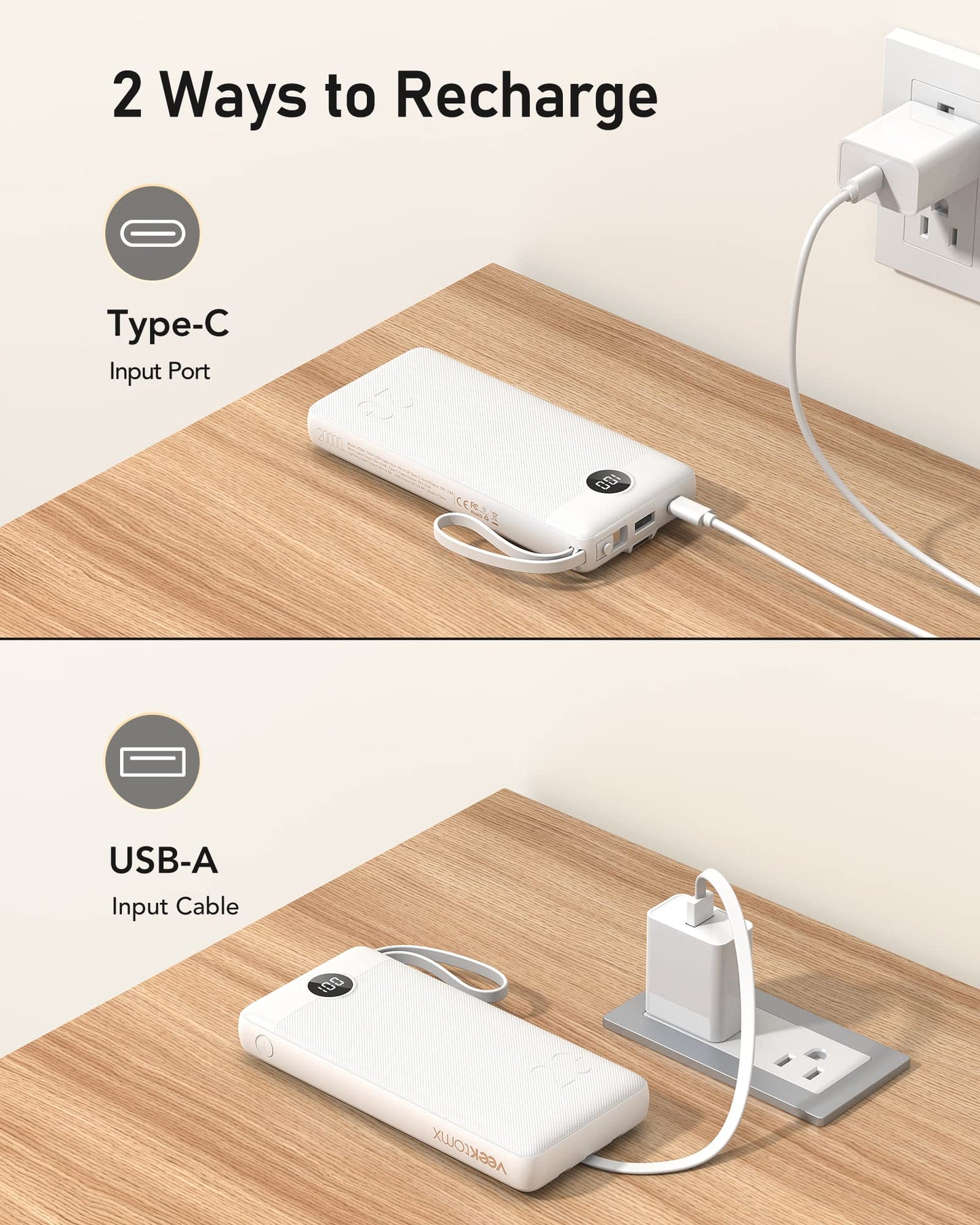 VEEKTOMX Power Bank with Built in Cables 20000mAh, Portable Charger for iPhone, USB C LED Display External Battery iPhone Charger Compatible with iPhone, iPad, Samsung and Android Devices for Travel