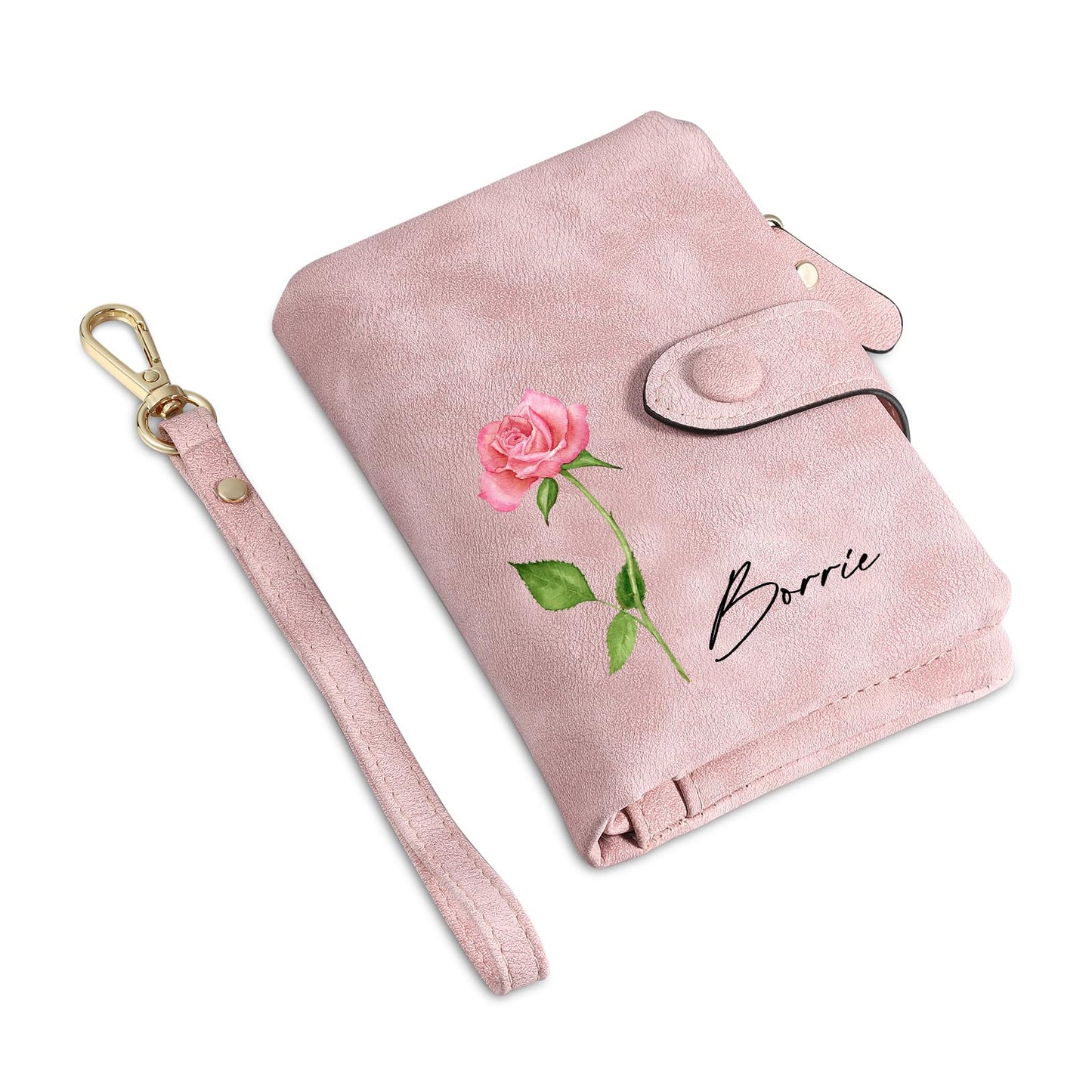 Aiemghsde Personalized Custom Wallet with Birth Flower & Name for Women Mom Credit Card Wallet With Wrist Strap Birthday Gifts for Mothers Day (Pink)