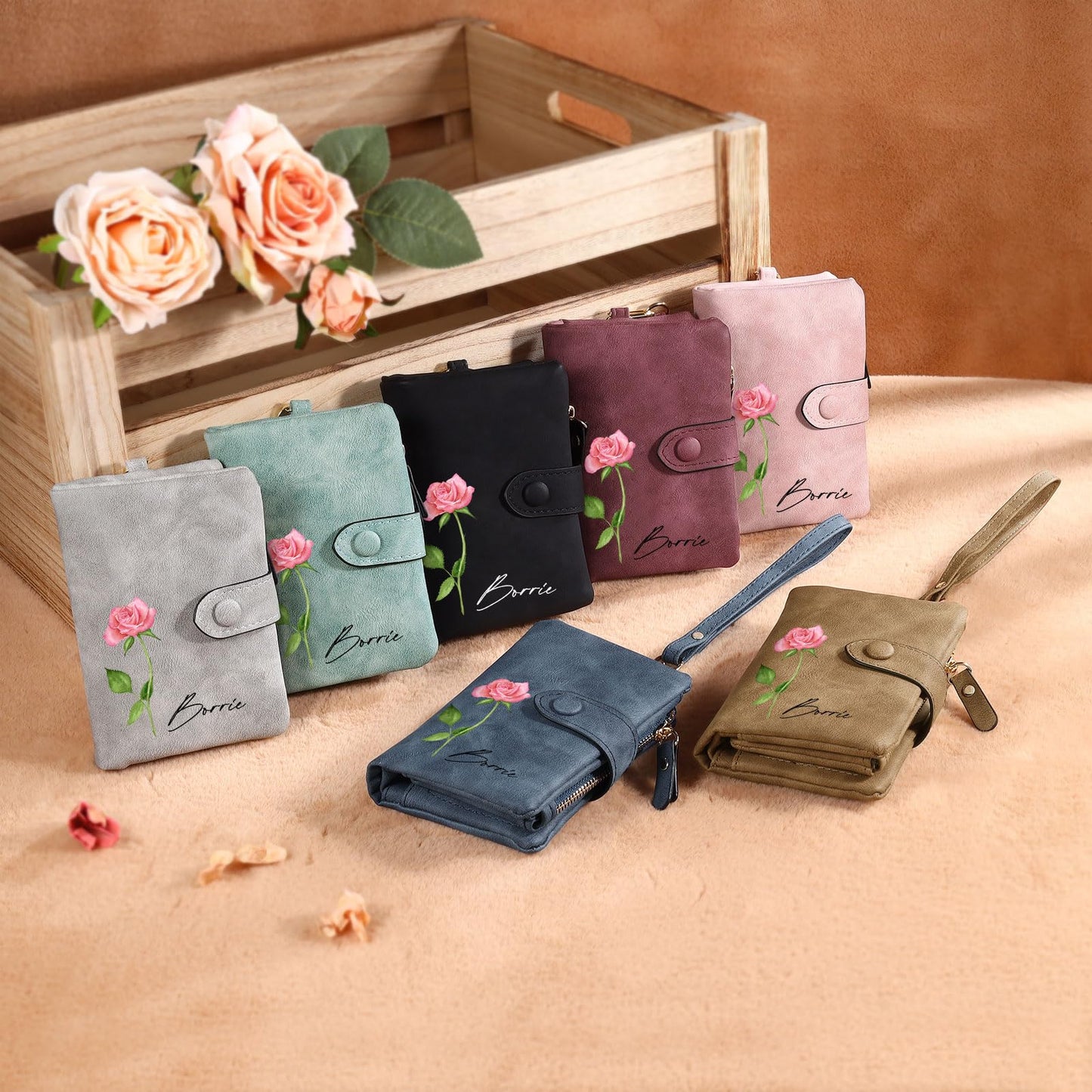 Aiemghsde Personalized Custom Wallet with Birth Flower & Name for Women Mom Credit Card Wallet With Wrist Strap Birthday Gifts for Mothers Day (Pink)