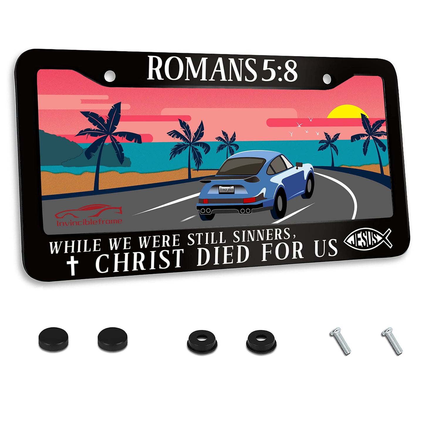 Jesus Bible Verses Romans 5:8 License Plate Frame Christian Stainless Steel Car Accessories Personalized License Plate Holder Fits Standard U.S. Vehicles Size: 12.2 x 6 Inches for Men Women