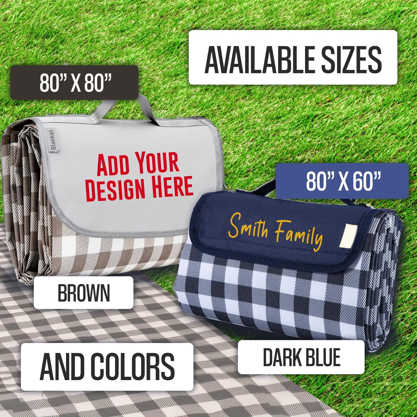 Personalized Extra Large Picnic Blanket - Customized Outdoor Beach Blanket Waterproof Sandproof Portable Blankets - Foldable and Lightweight Mat for Camping, Park, Hiking, Patio