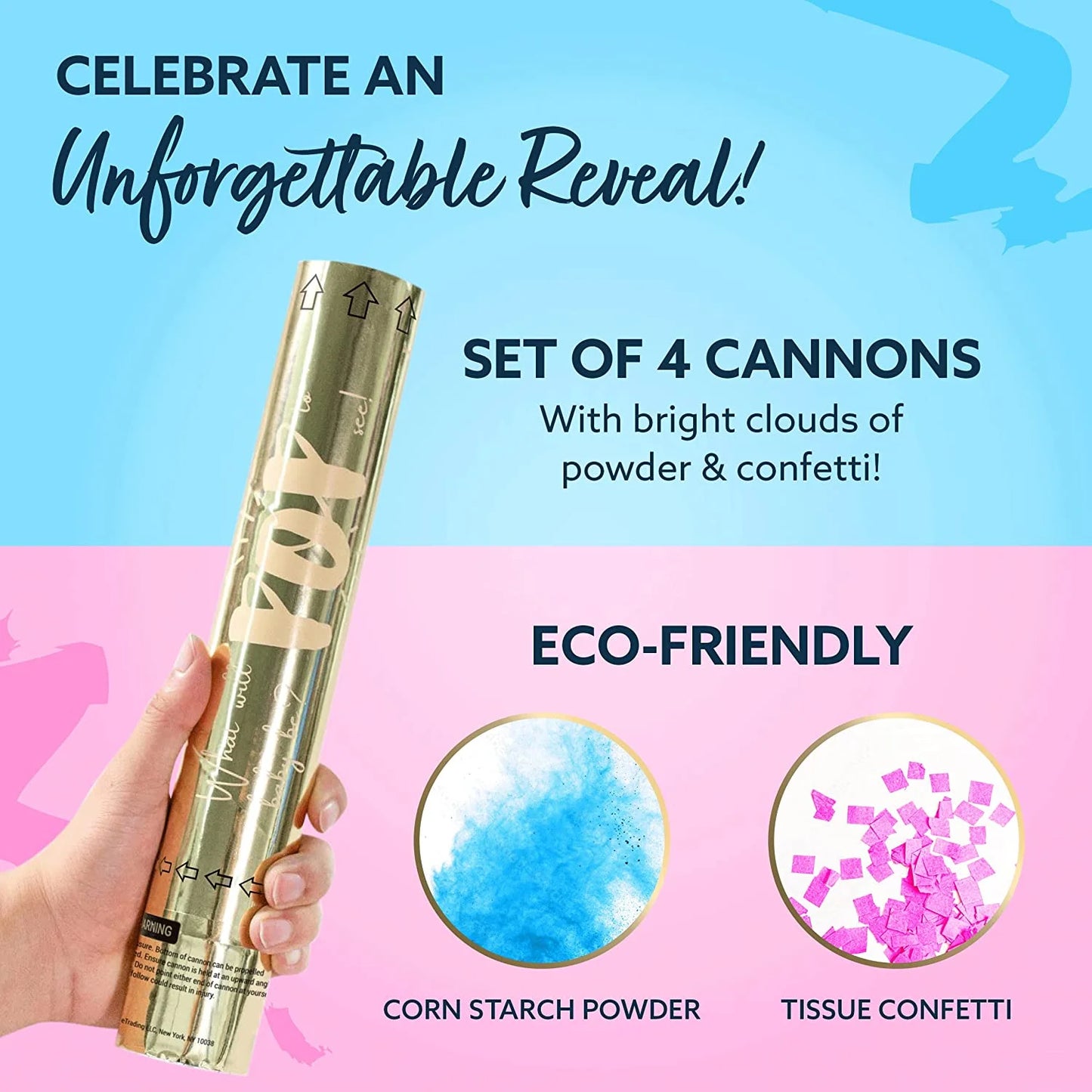 Gender Reveal Confetti Powder Cannon - Set of 4 Mixed (2 Blue 2 Pink)