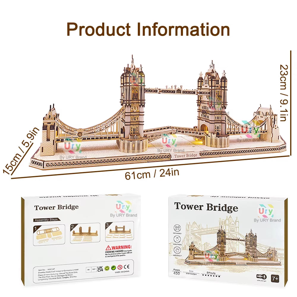 3D Wooden Puzzle England London Tower Bridge with Light LED Retro Assembly Souvenir Kits for Adult DIY Model Decoration Gift
