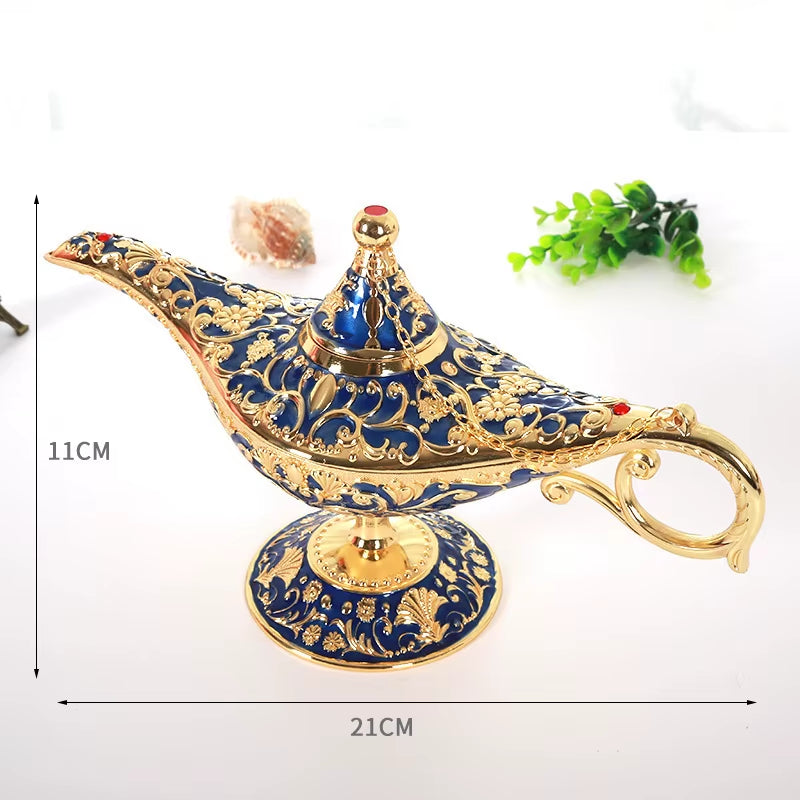 Large Size Colorful Metal Genie Magic Lamp Retro Wishing Oil Lamp Pot Incense Burner Home Decor Collection Souvenir Home Decore