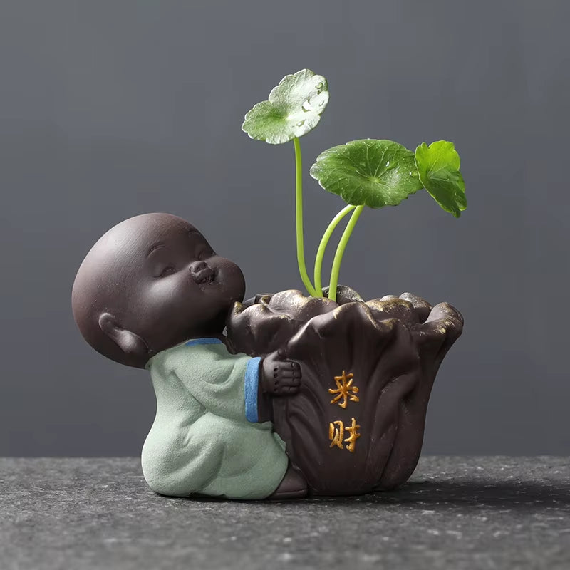 Ceramic Tea Pet Ornaments Small Buddha Statue Monk Figurine Desktop Flower Pot Hydroponic Plant Decoration Tea Accessories