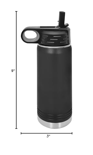 LaserGram Personalized Water Bottle, Basketball Ball, Stainless Steel Double Wall Vacuum Insulated with Flip Top Straw, Custom Engraved Gift (20oz / 590ml Black)
