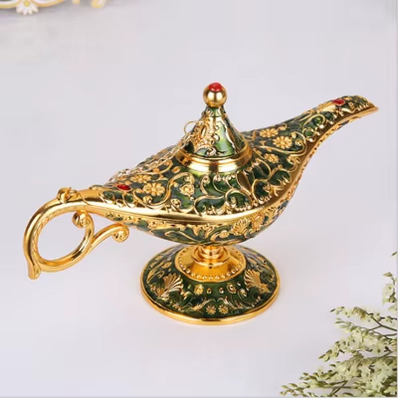 Large Size Colorful Metal Genie Magic Lamp Retro Wishing Oil Lamp Pot Incense Burner Home Decor Collection Souvenir Home Decore