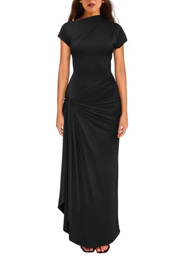 YMDUCH Women's Casual Short Sleeve Boat Neck Ruched High Split Bodycon Long Formal Dress Black