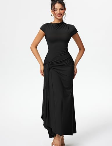 YMDUCH Women's Casual Short Sleeve Boat Neck Ruched High Split Bodycon Long Formal Dress Black