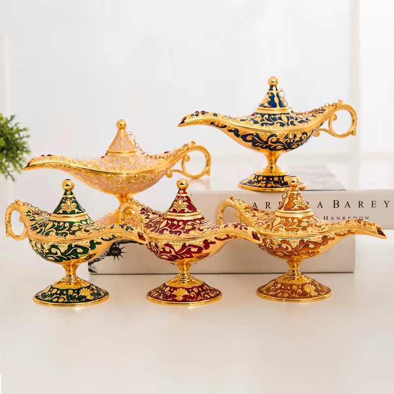 Large Size Colorful Metal Genie Magic Lamp Retro Wishing Oil Lamp Pot Incense Burner Home Decor Collection Souvenir Home Decore
