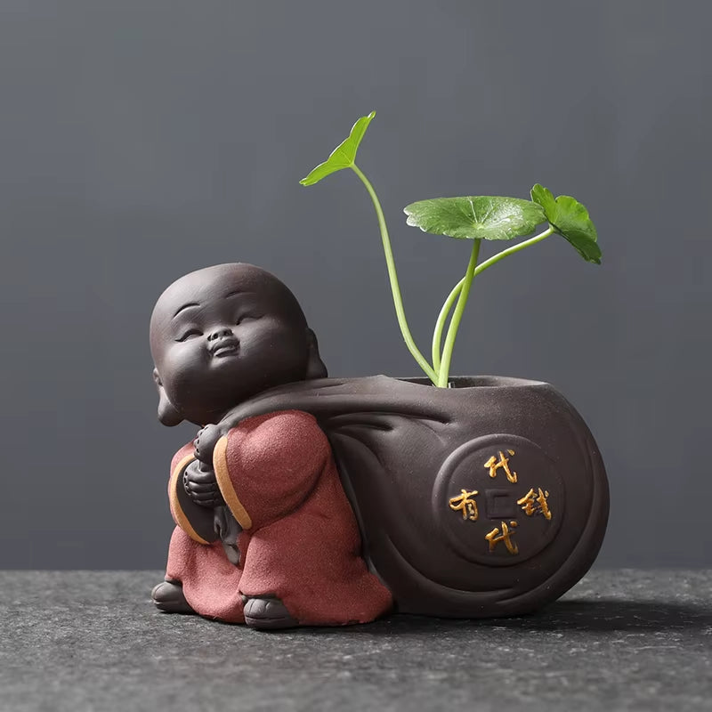 Ceramic Tea Pet Ornaments Small Buddha Statue Monk Figurine Desktop Flower Pot Hydroponic Plant Decoration Tea Accessories