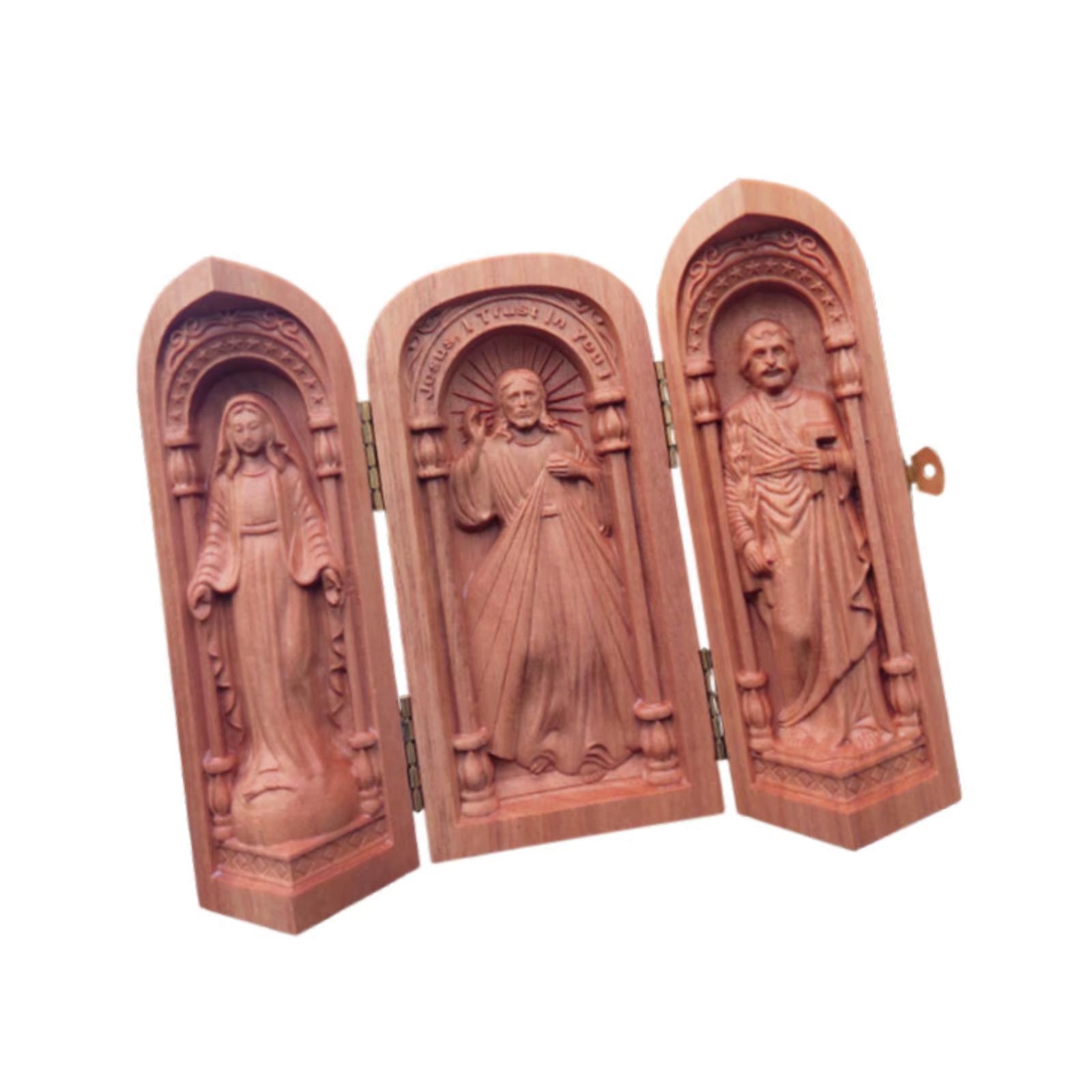 Wood Carving Ornaments Small Catholic Religious Decor Portable Holy Family Box for Bedroom Table Desktop Living Room Decoration