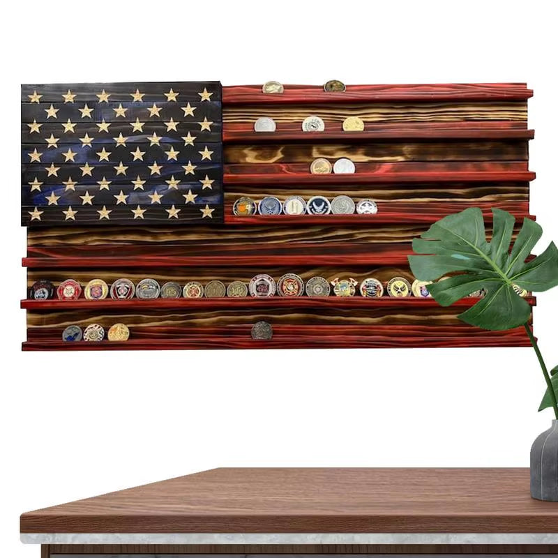 7 Rows Coin Display Wooden American Flag Coin Holder Stands Mini Coin Display for Displaying Coins Medals Home Craft Ornament
